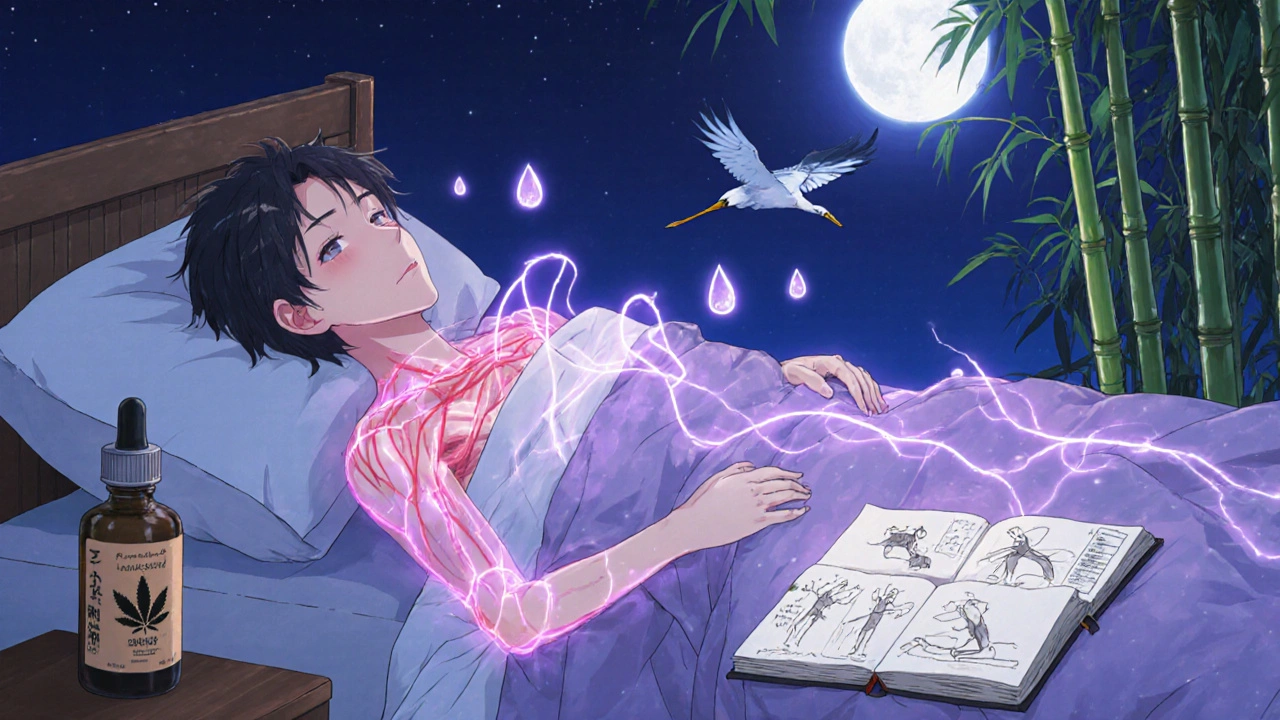 A peaceful sleeper bathed in CBD light, with therapy sketches and magnesium nearby under moonlit bamboo.