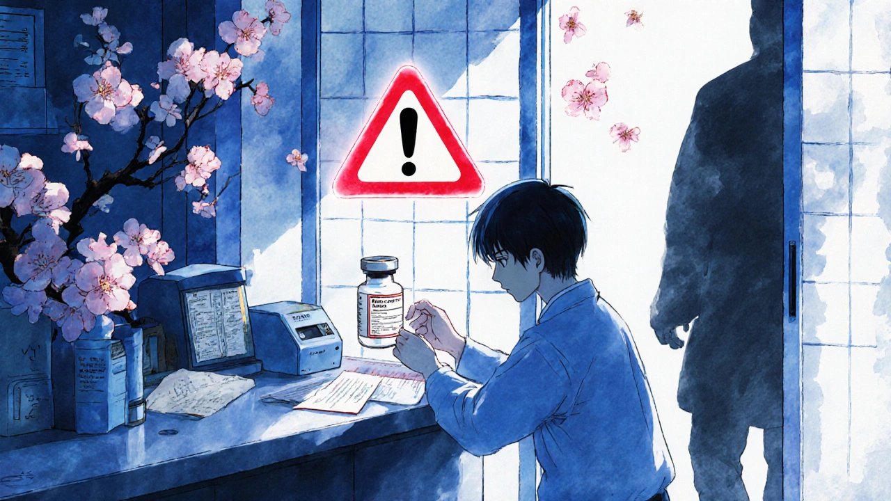 A pharmacist examines an insulin vial with a glowing warning symbol, cherry blossoms drifting nearby.