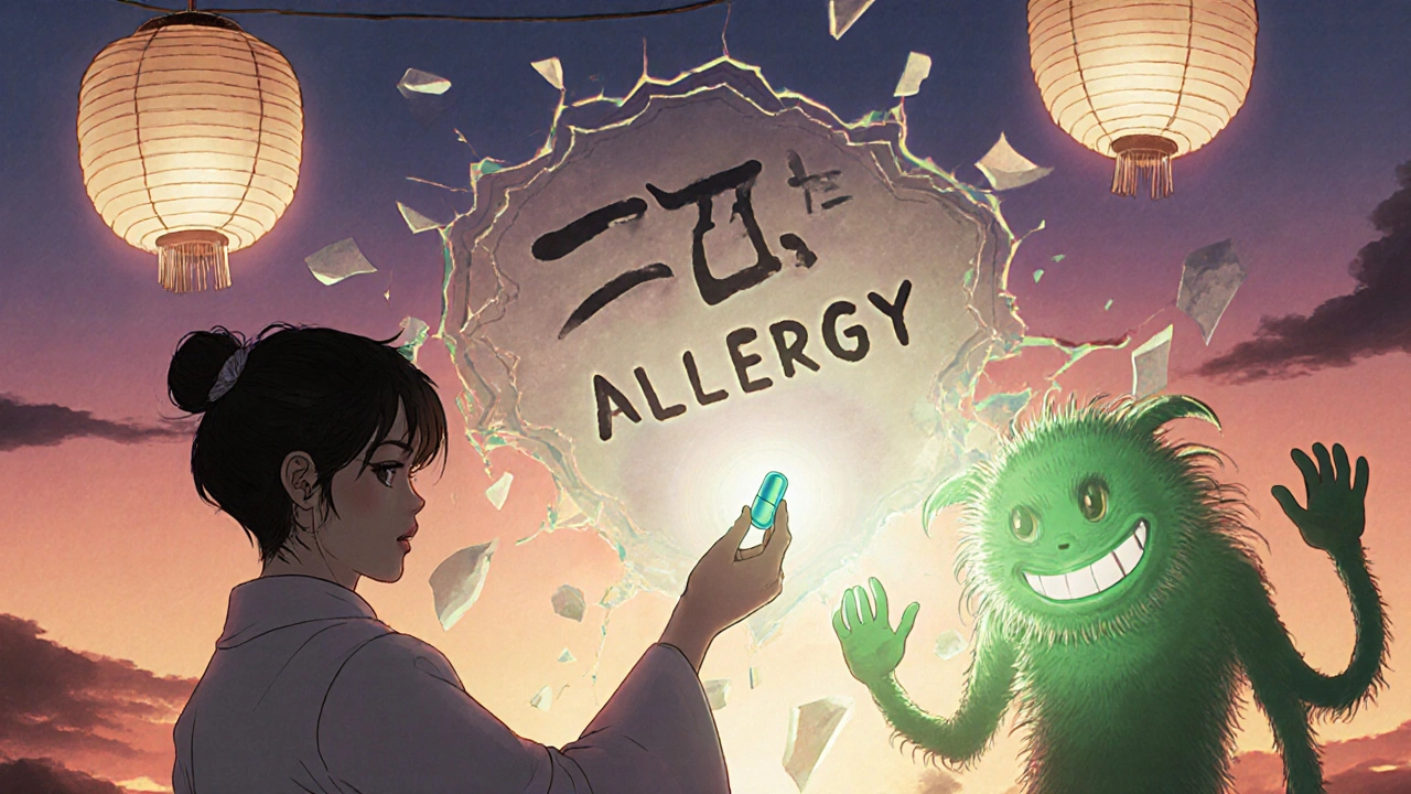 A pharmacist giving penicillin as a shattered &#039;allergy&#039; label breaks away, with calm energy radiating from the patient.
