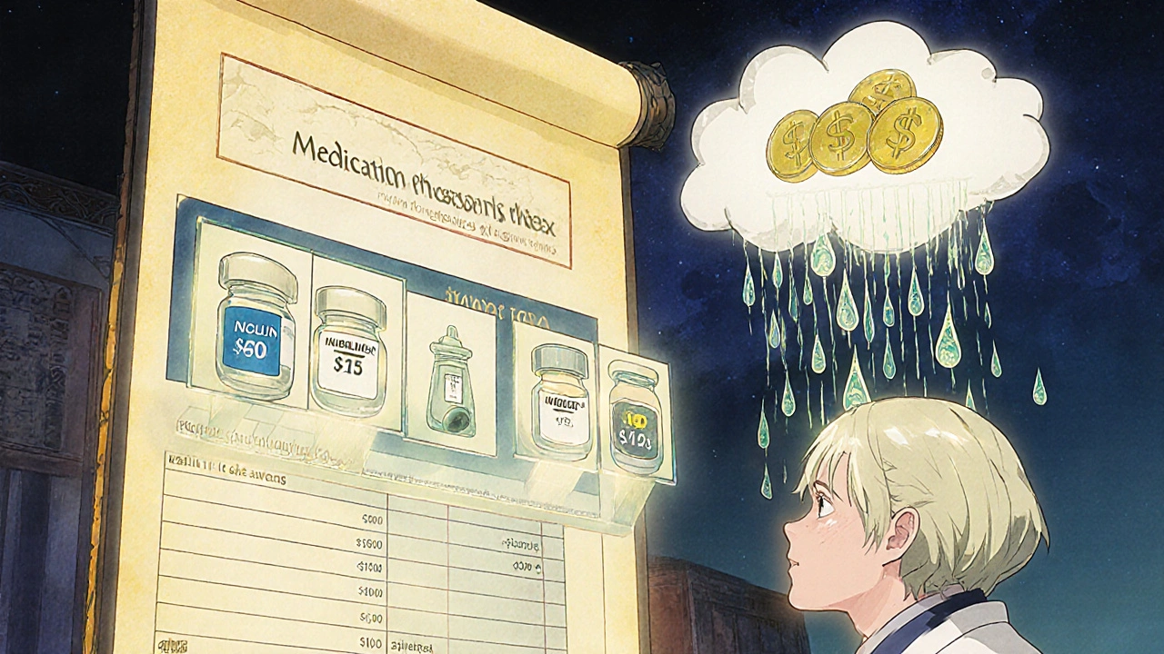 A pharmacist shows how brand-name drugs transform into affordable generics using a glowing, scroll-like chart.