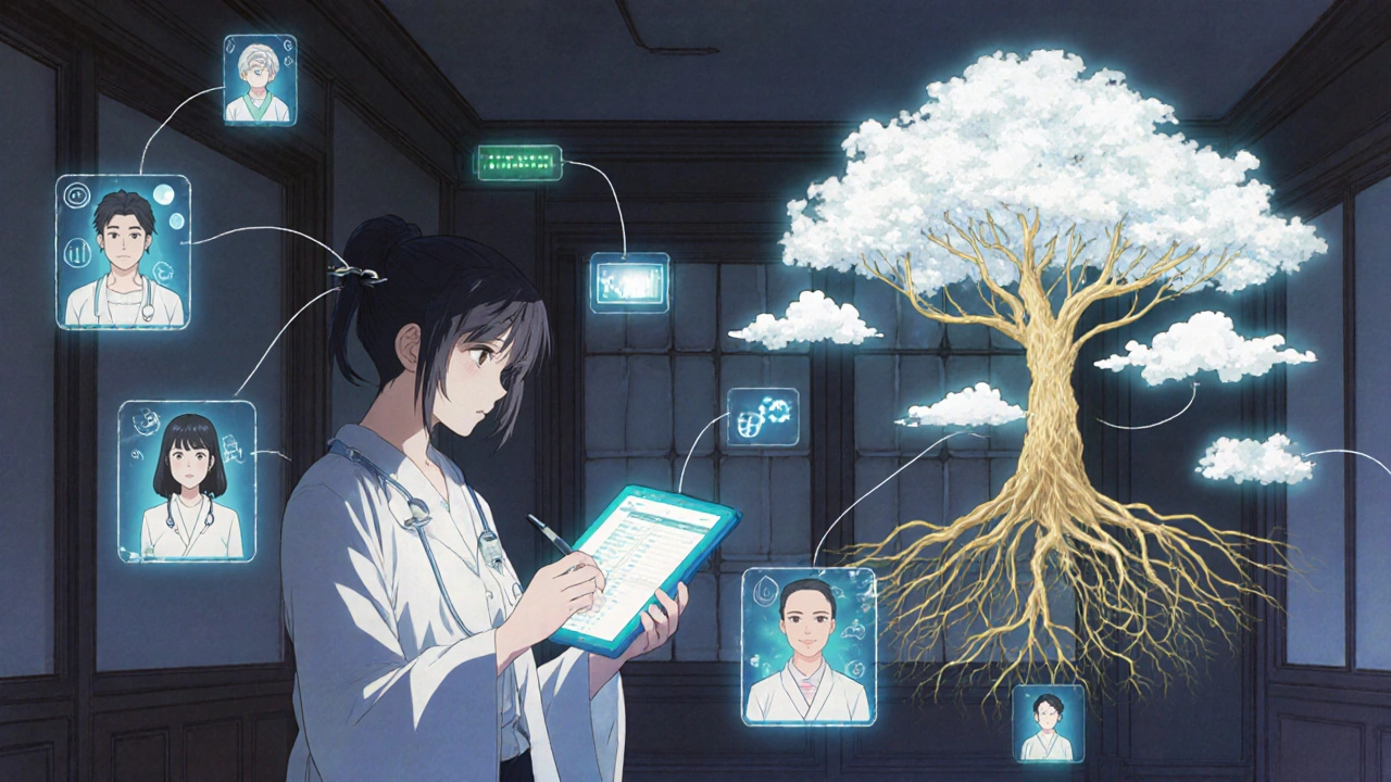 A physician in a tranquil clinic recording patient data as holographic health metrics float around them, symbolizing deep registry insights.