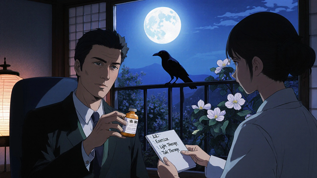 A psychiatrist gently closing an L-tryptophan bottle while recommending therapy, moonlight through a window, ukiyo-e anime style.