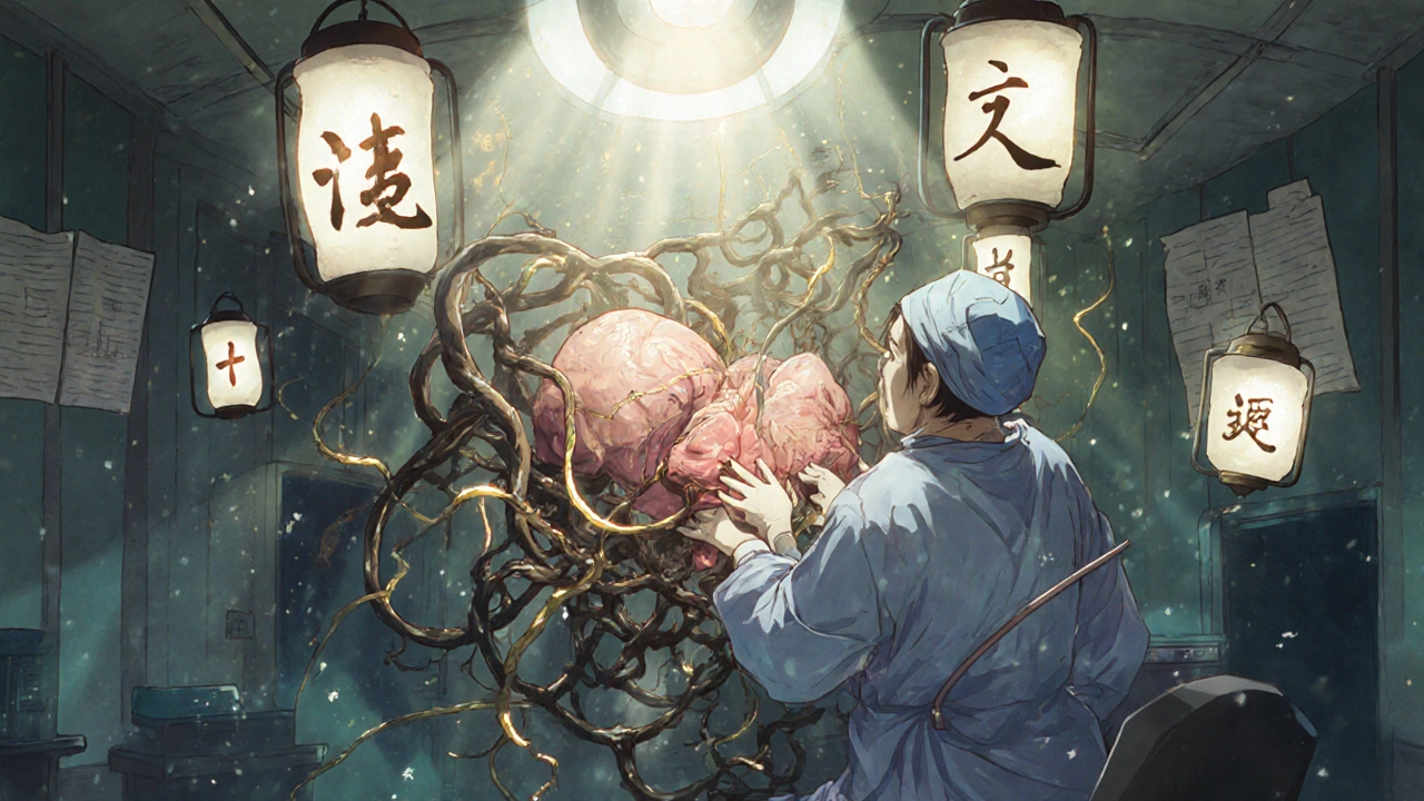 A surgeon cuts dark vines representing tonsils and adenoids with golden threads under lantern light, symbolizing healing.