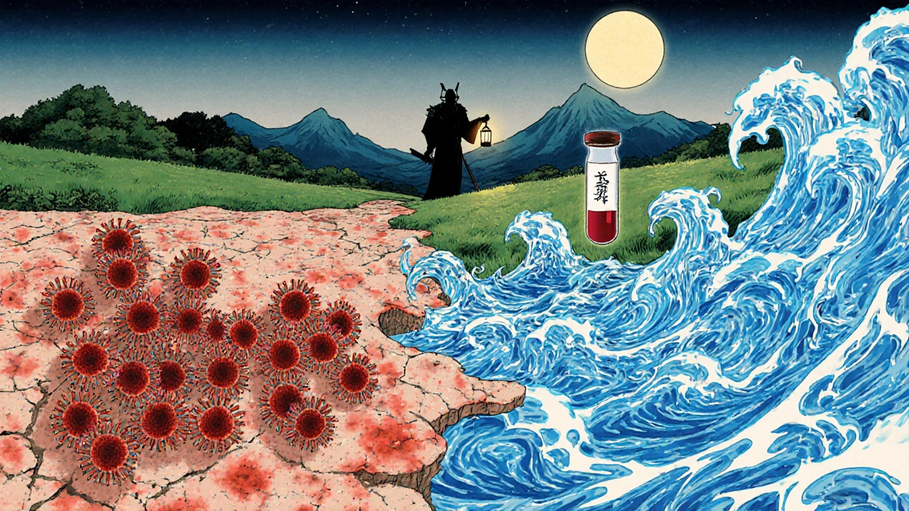 A symbolic battle where immune armor dissolves into green meadows under moonlight, a blood test vial floats nearby.
