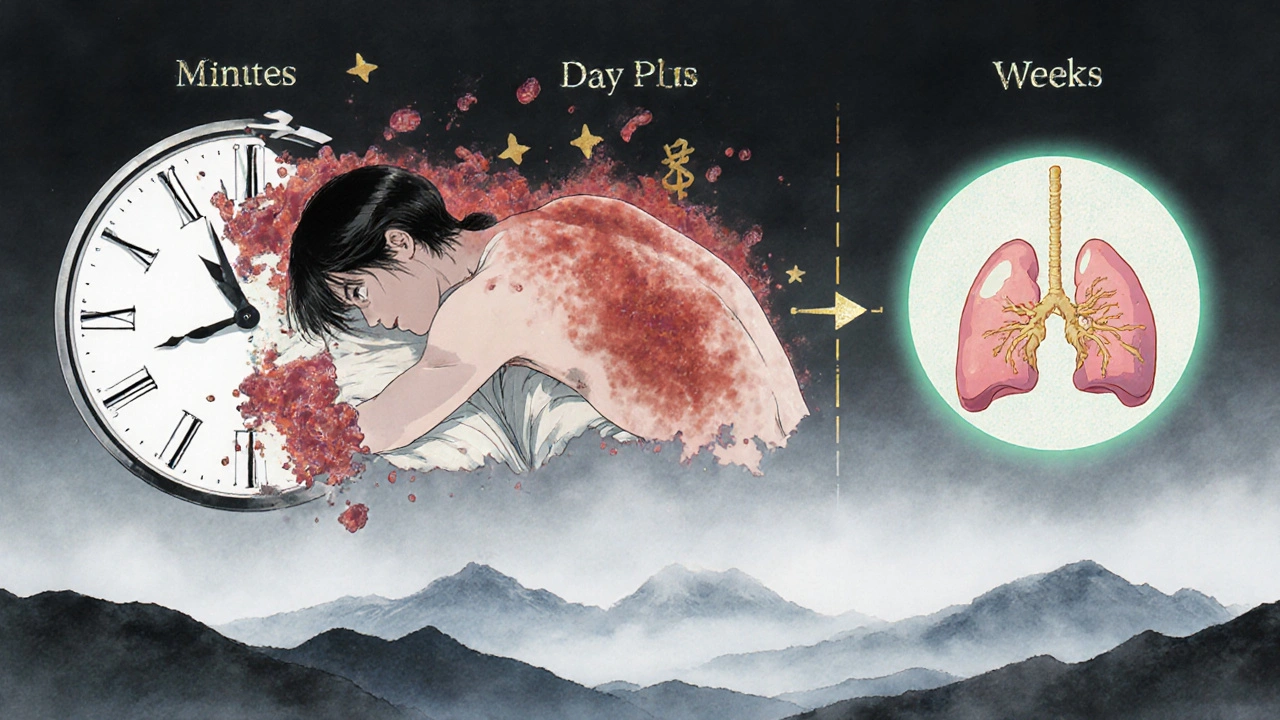 A timeline of drug reactions: fast hives, delayed rash, and systemic DRESS syndrome, rendered in traditional ink wash style.