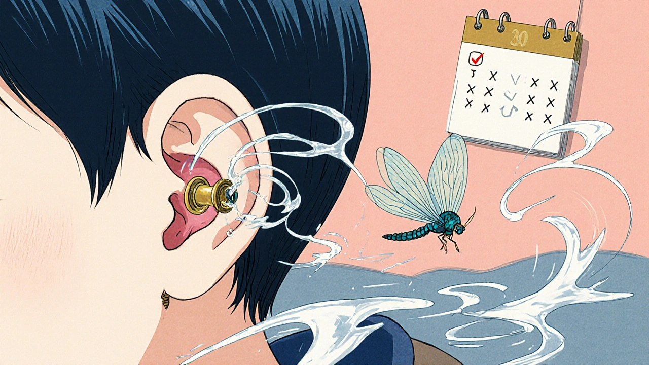 A tiny ear tube glows like a lantern in a child&#039;s eardrum, with air and fluid escaping as a dragonfly hovers nearby.