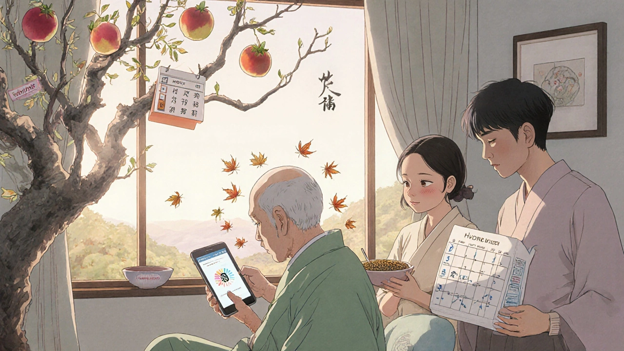 An elderly patient uses a smartphone app to track cognition, family nearby with healthy food and vaccination symbols.