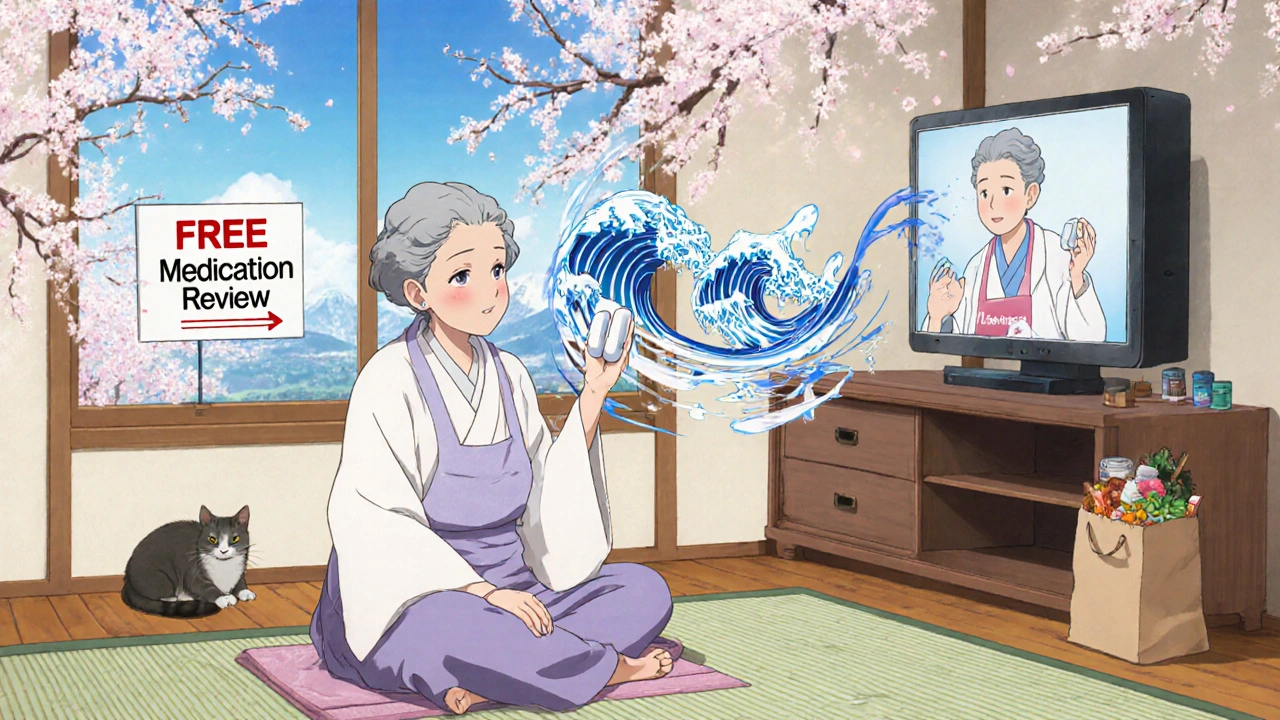 An elderly woman video-calls her pharmacist at home, comparing generic and brand-name pills with cherry blossoms drifting outside.