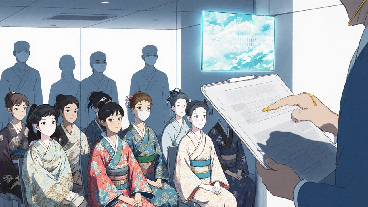 Clinical trial room with few people of color among mostly white participants, glowing AI data above them.