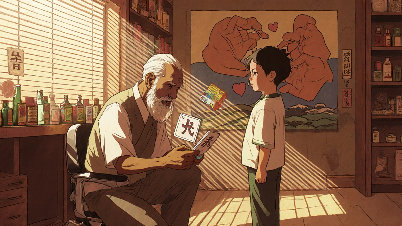 Community health worker explains meds to elderly man in barbershop, sunlight and herbal remedies in background.