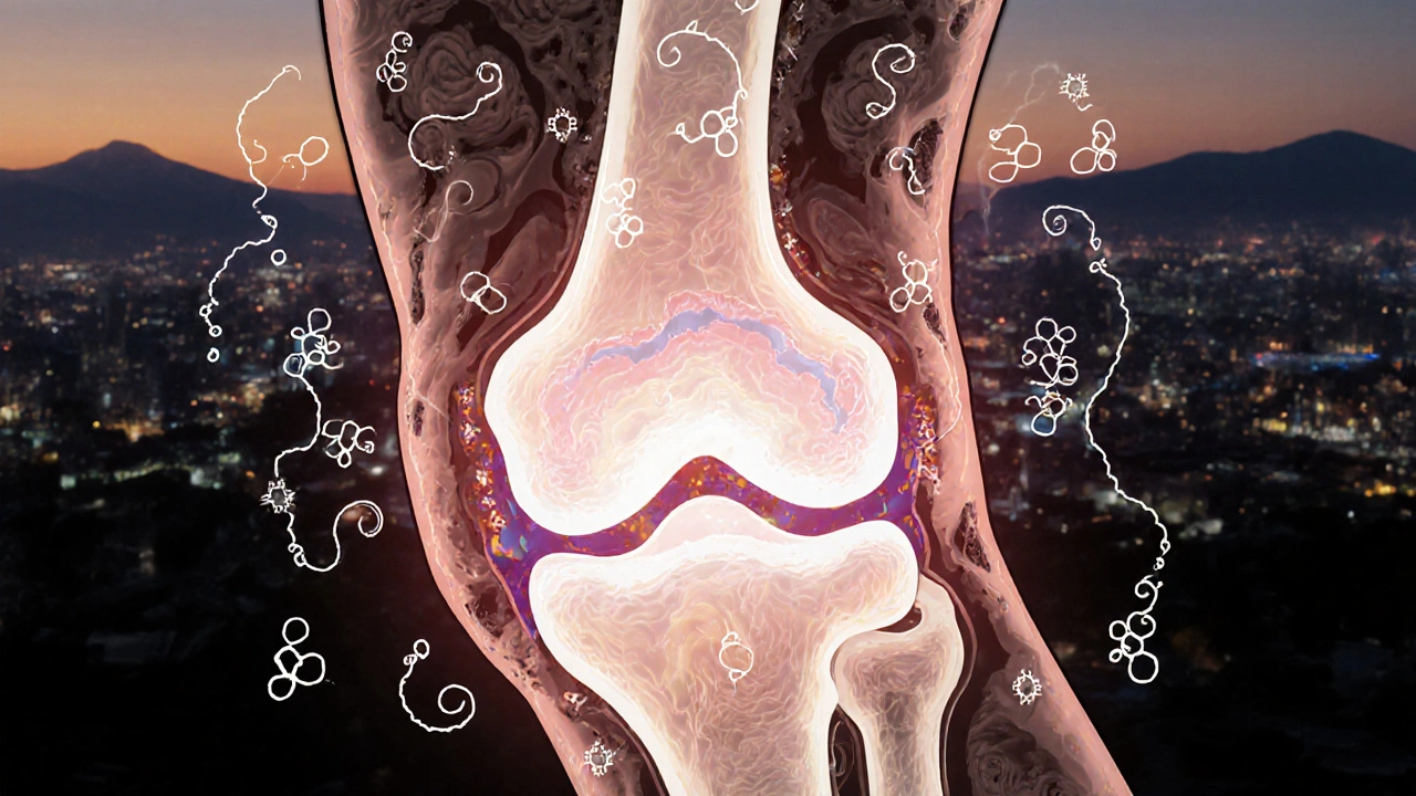 Cross-section of a glowing knee joint with molecular patterns resembling traditional Japanese art.