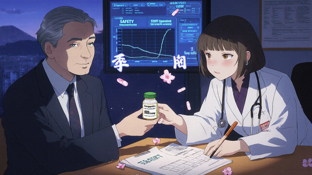 Doctor and patient in a twilight office, with kidney graph and PDMP alert on screen, ink brush in hand, floating safety kanji.