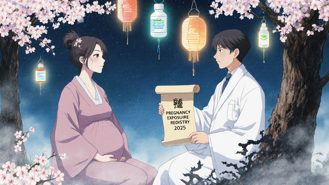 Doctor and pregnant patient under cherry blossoms as safe meds float upward.