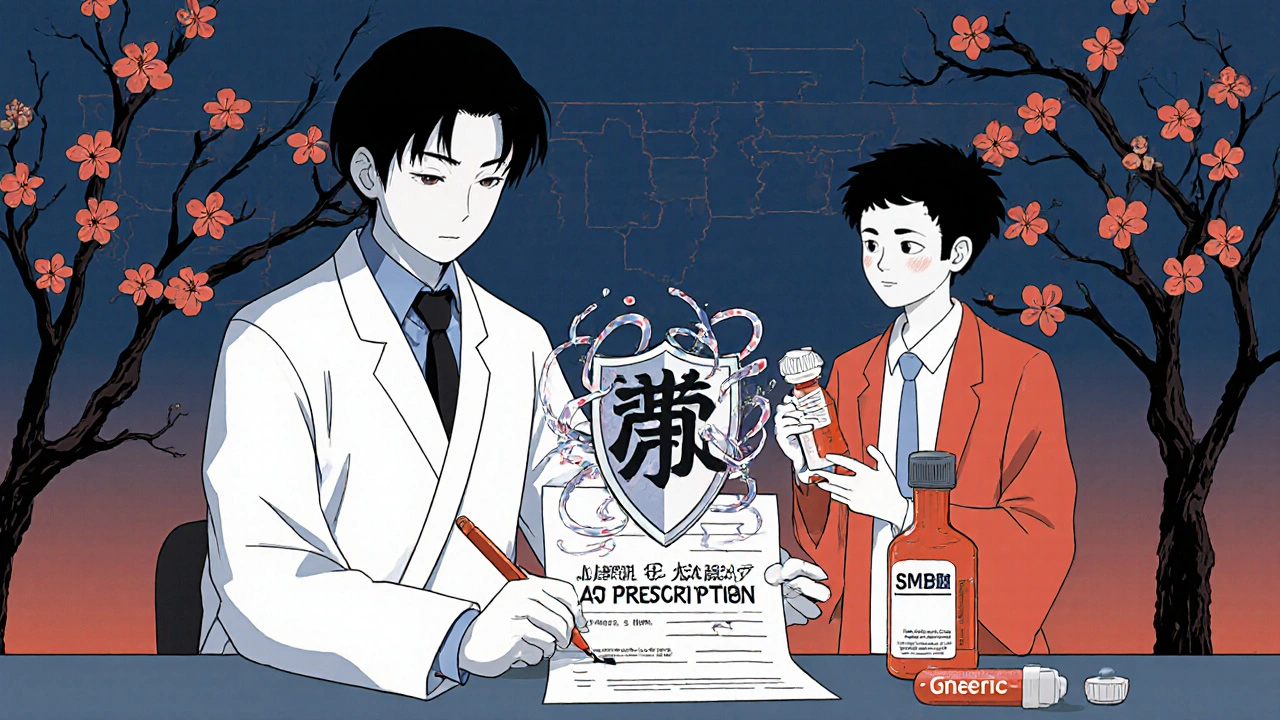 Doctor writing &#039;Dispense as Written&#039; on prescription as molecular shields form around brand-name drug.