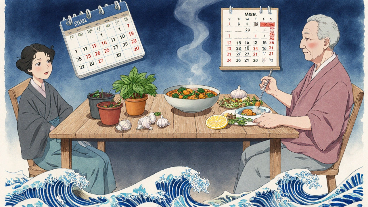 Elderly couple sharing a healthy home-cooked meal with herbs and vegetables.