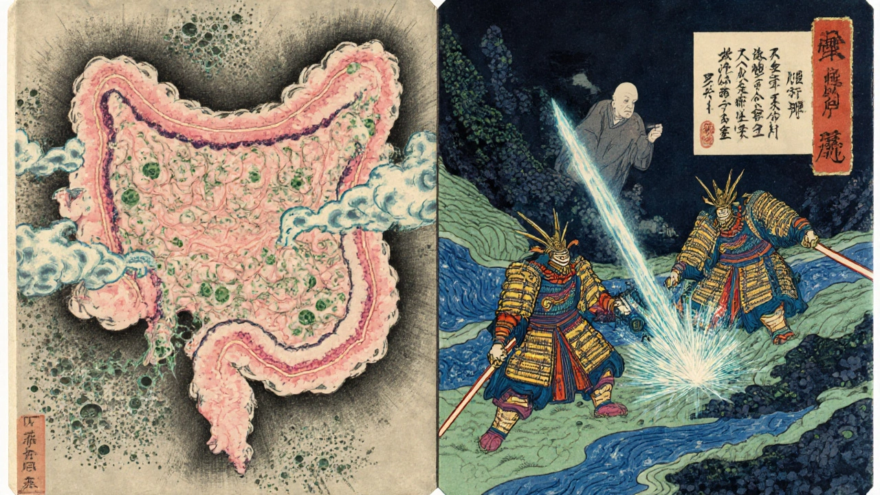 Gut bacteria attacked by rifaximin samurai as lactulose rivers turn the digestive tract calm and acidic.