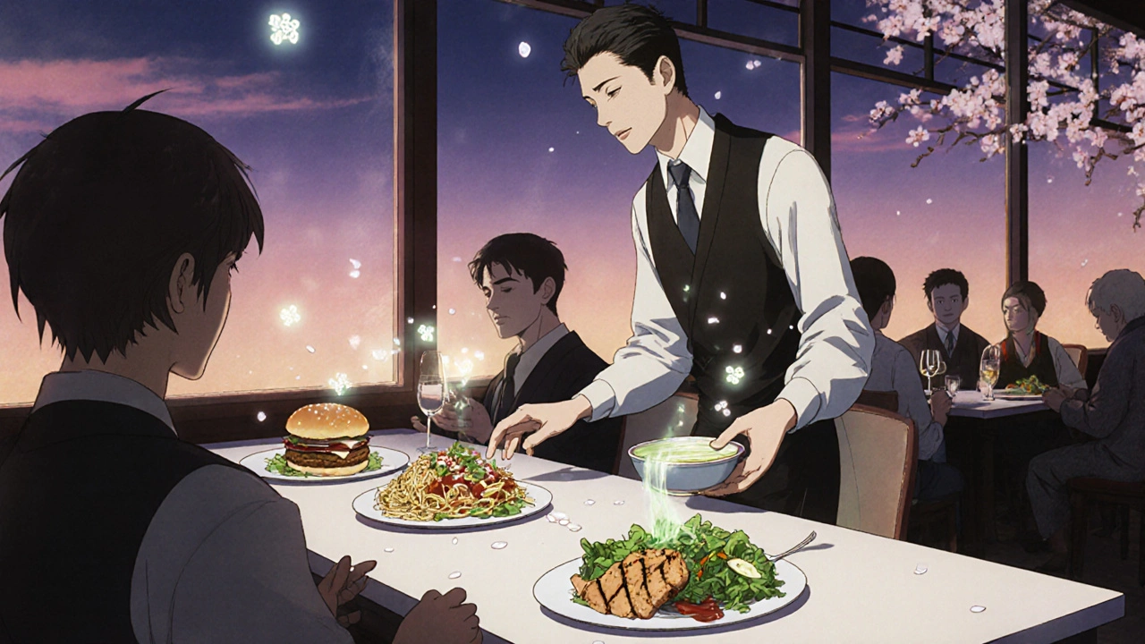 Man asking for dressing on the side at a restaurant while others eat salty meals.