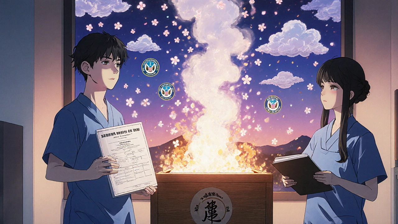 Medical staff witnessing the incineration of Schedule II drugs, with ukiyo-e clouds and glowing ashes in a twilight lab.