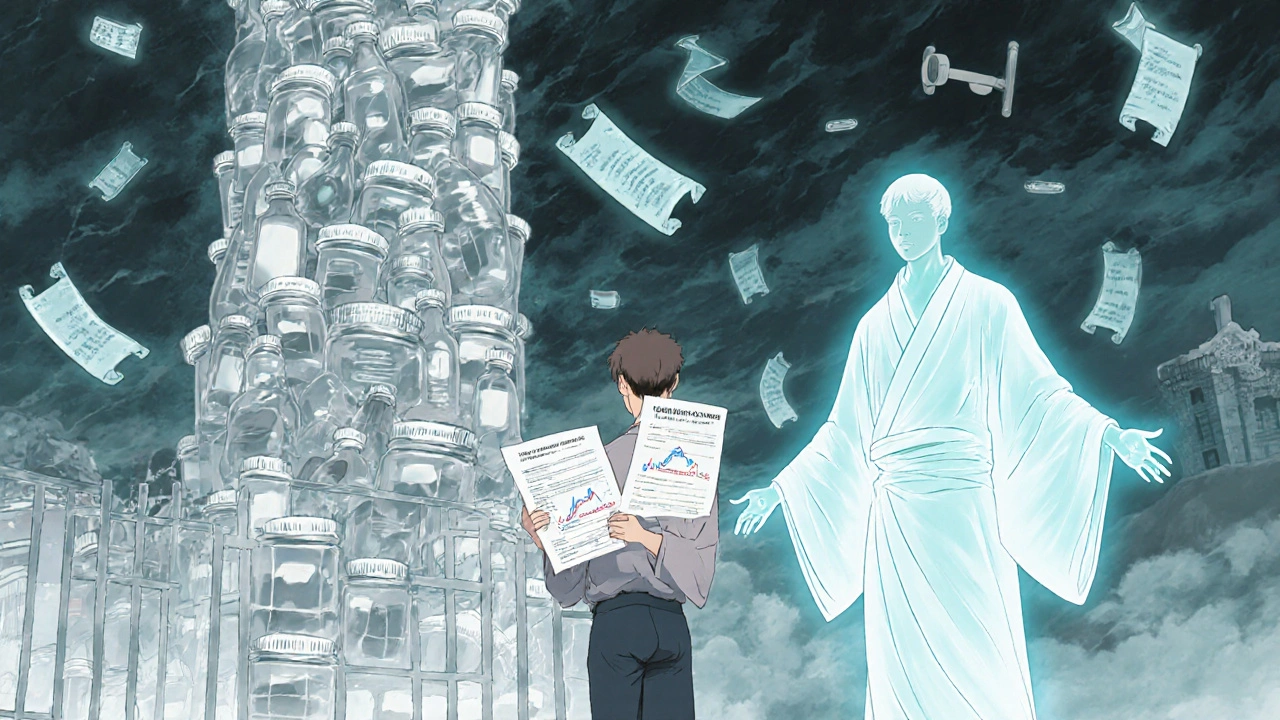 Patient holding lab results before a gate of pill bottles, with a ghostly image of their healthier self reaching out.