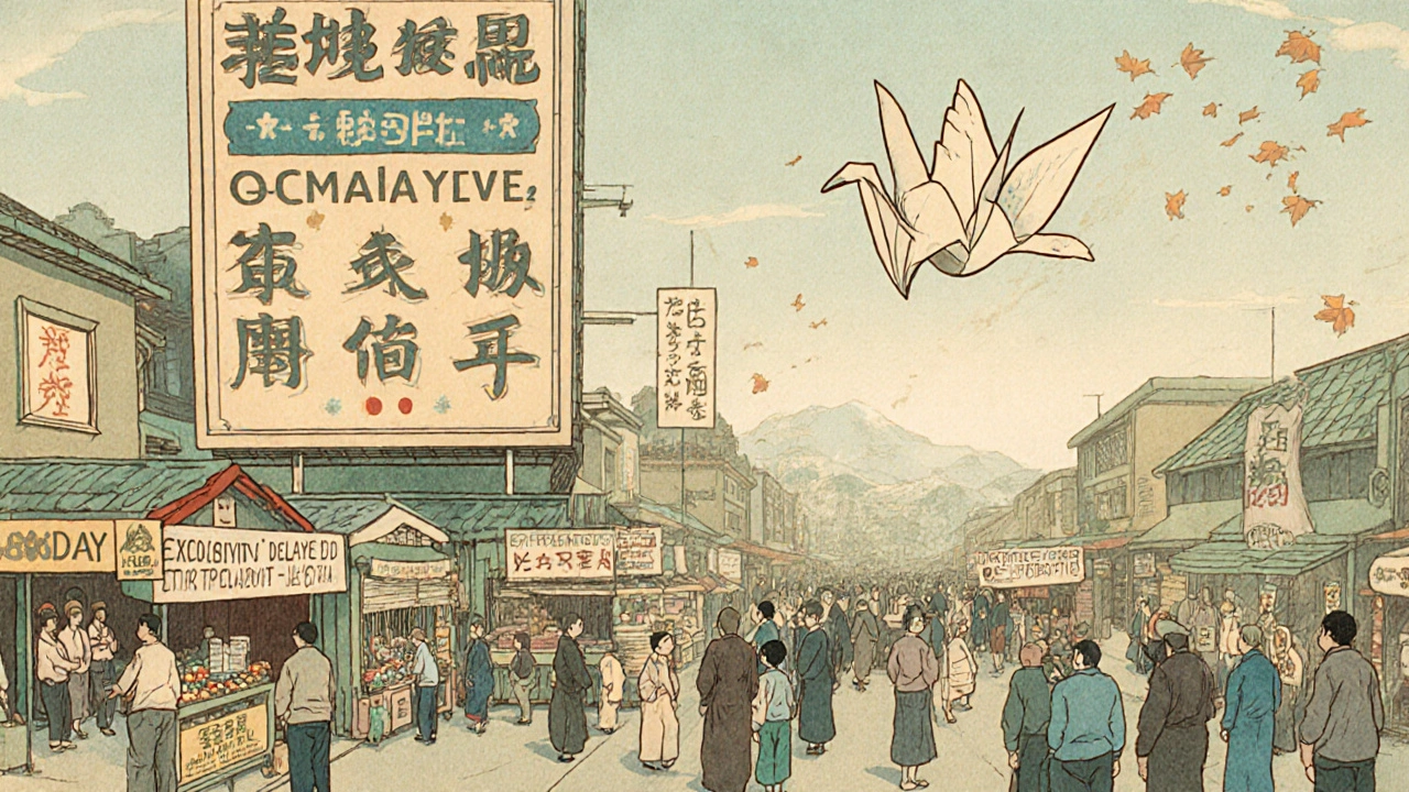 Patients queue under a brand-name billboard while only one generic vendor is open, FDA proposal as a paper crane.