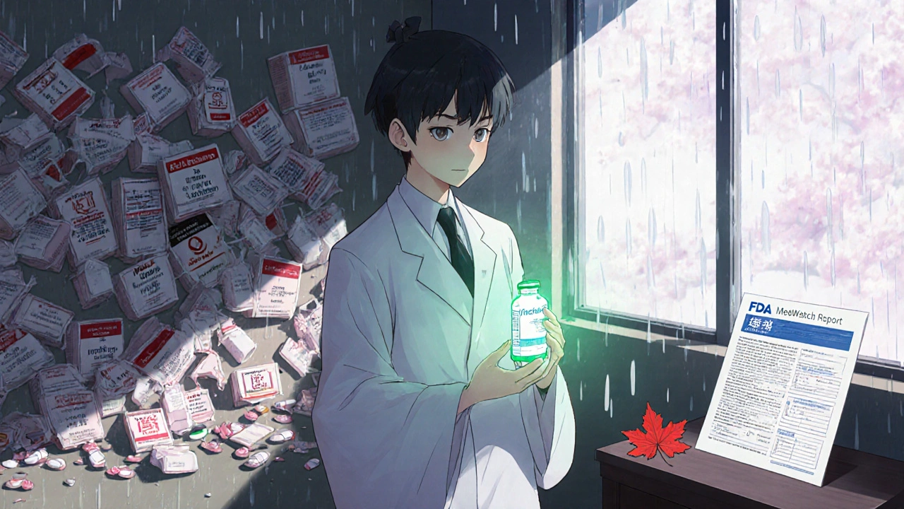 Pharmacist checking pill under UV light, glowing nanoparticles visible, fake drug boxes scattered like fallen petals