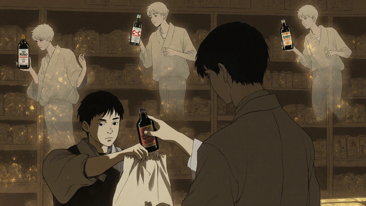 Pharmacist handing cough syrup to teen while ghostly figures of abuse symbols drift in background.