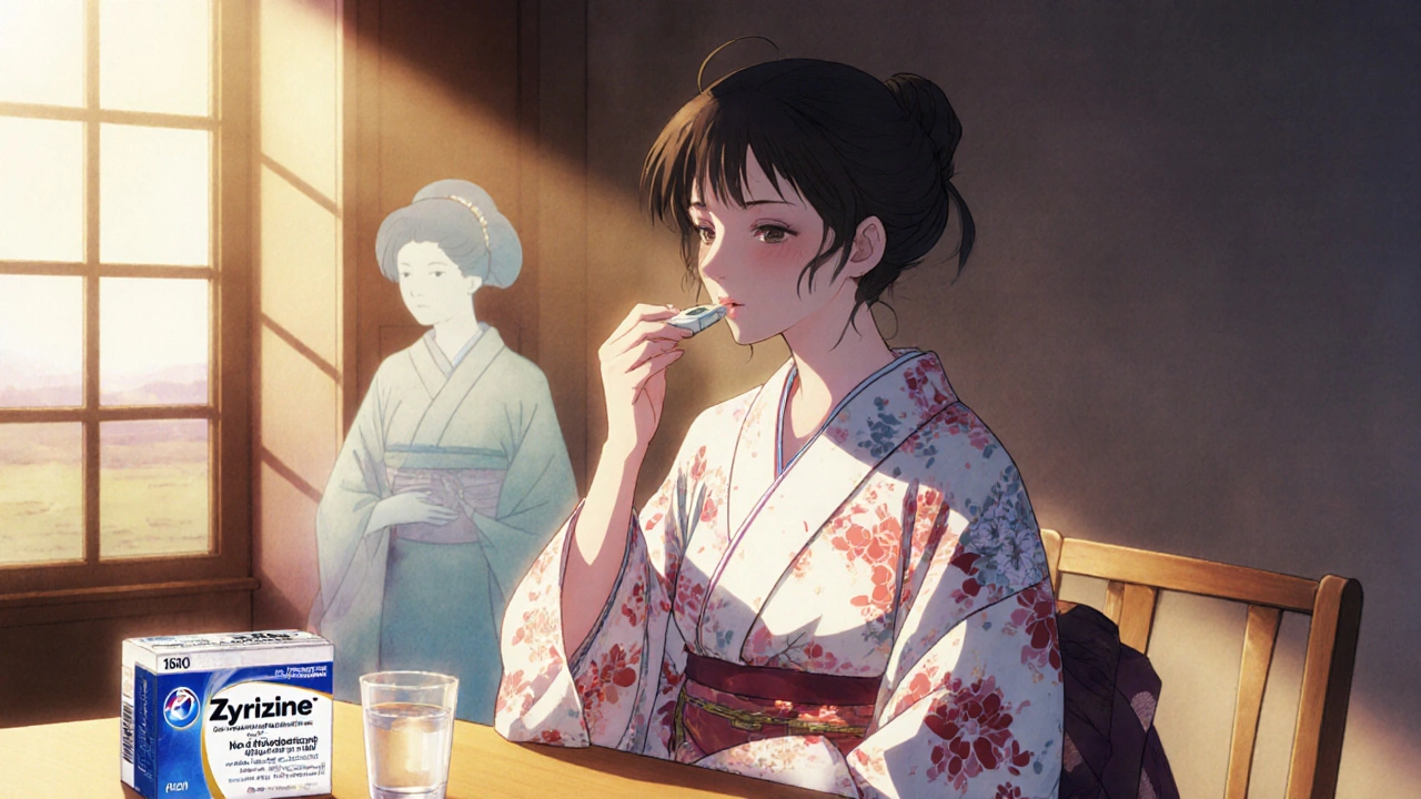 Pregnant woman taking Zyrtec with a &#039;No Decongestants&#039; label nearby.