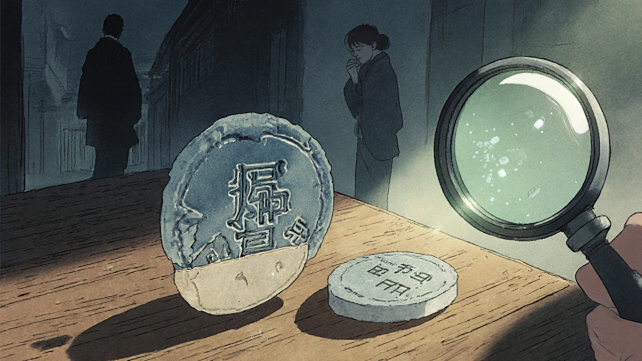 Side-by-side real and fake pills under magnification, one with clear imprint, the other cracked and smudged