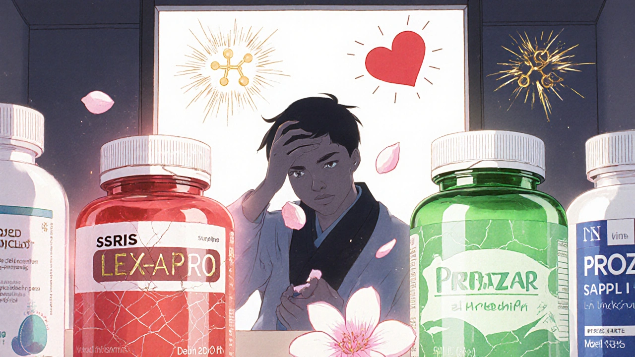 SSRI and L-tryptophan bottles on a shelf with a falling cherry blossom, one glowing red and cracked, ukiyo-e anime style.