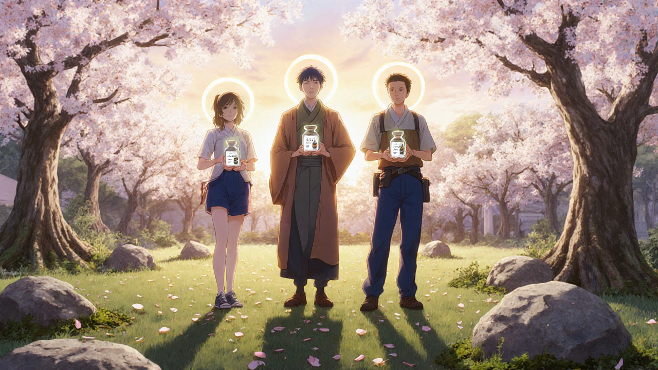 Three people in a garden at sunset, each with glowing joints, holding Cartidin vials as petals fall.