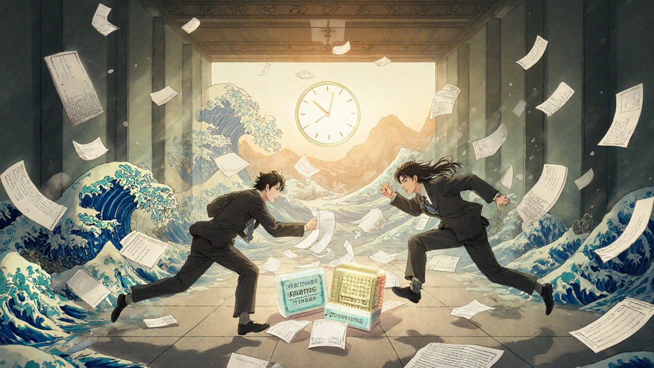 Two teams racing through floating legal documents, one stumbling as a deadline clock looms.