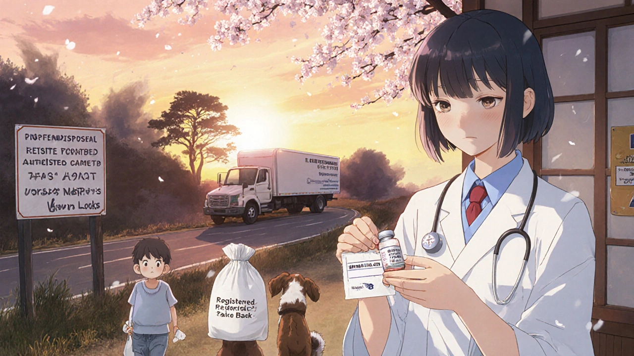 Vet sealing expired medication in a secure pouch as a child and pet walk away with non-controlled drugs, cherry blossoms falling nearby.