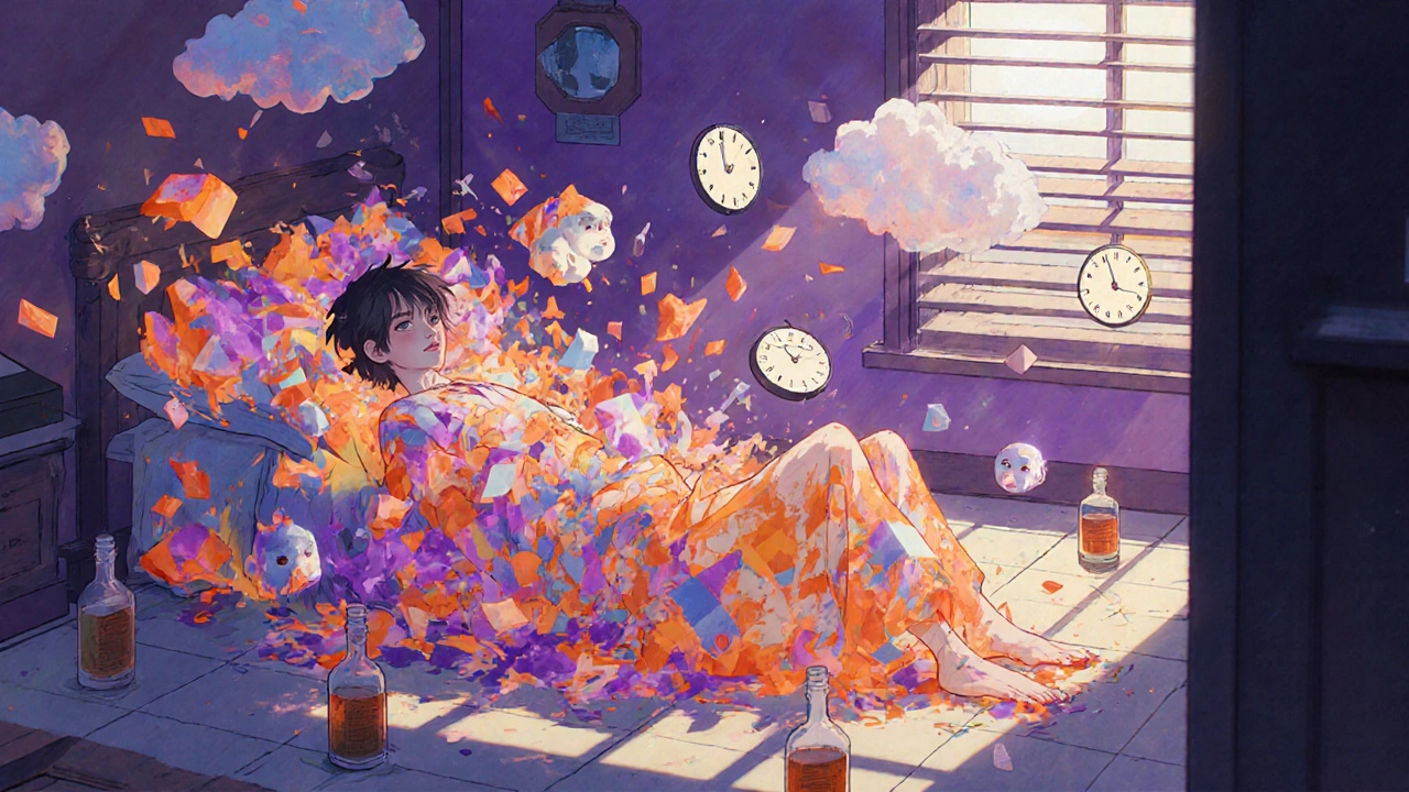 Young person floating in surreal bedroom with swirling colors and distorted faces from DXM effects.