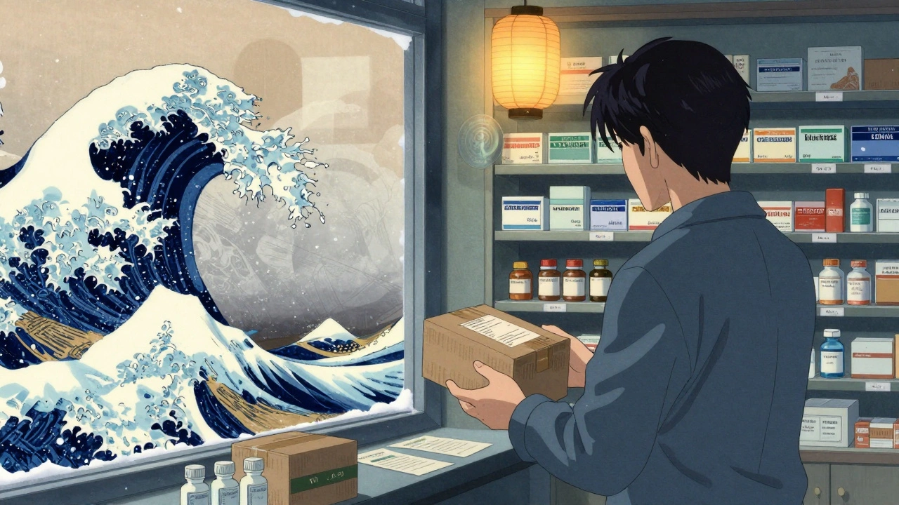 A Canadian pharmacy with VIPPS seal glowing, shipping boxes from around the world under snow-dusted windows.