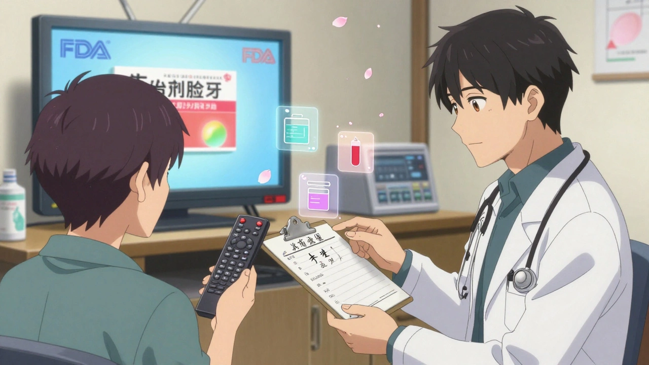 A doctor points to a generic prescription as a branded drug ad hovers behind a patient in a clinic.