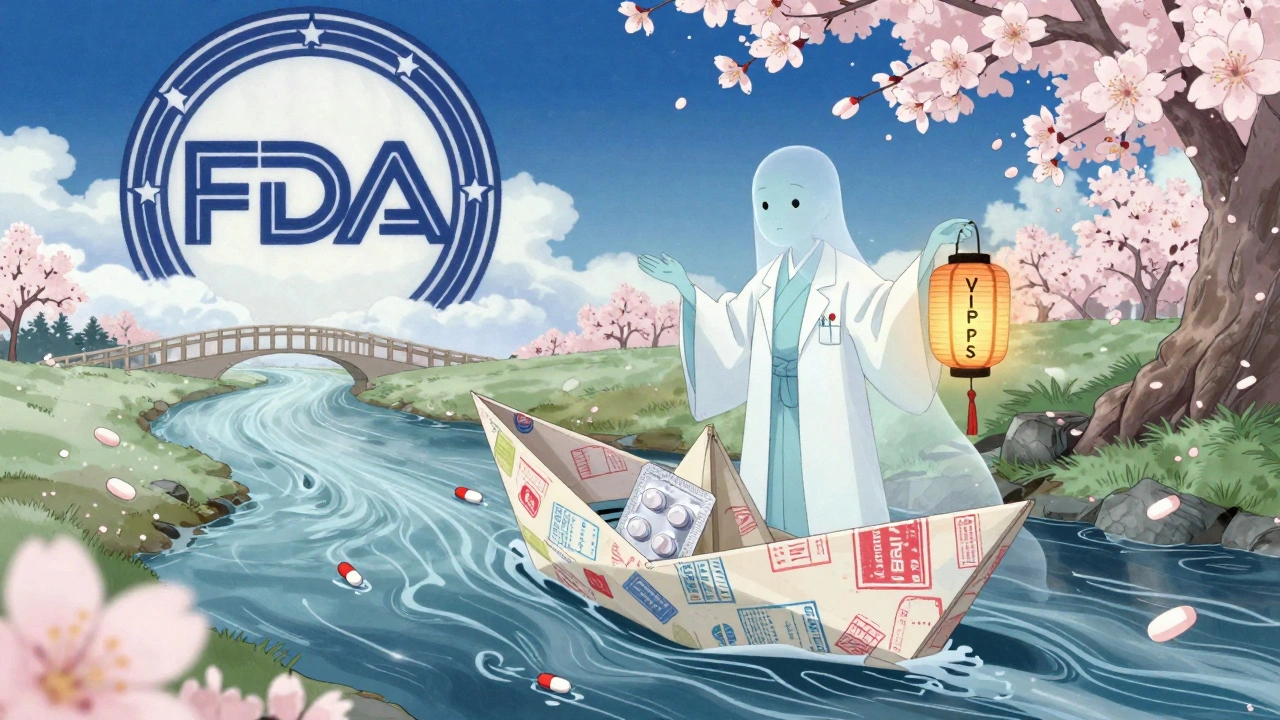 A paper boat carrying medicine floats toward the U.S. border, guided by a pharmacist spirit, with VIPPS lantern and customs stamps in the river.