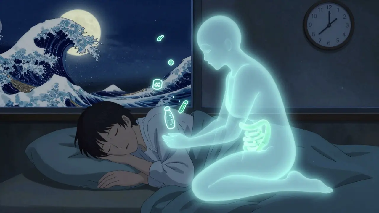 A person sleeping peacefully as their gut glows gently with healing symbols and probiotics.