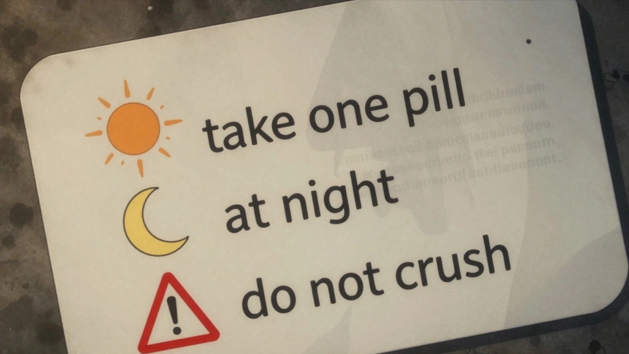 A redesigned prescription label with clear icons: sun for morning, moon for night, and a warning triangle, replacing complex medical jargon.