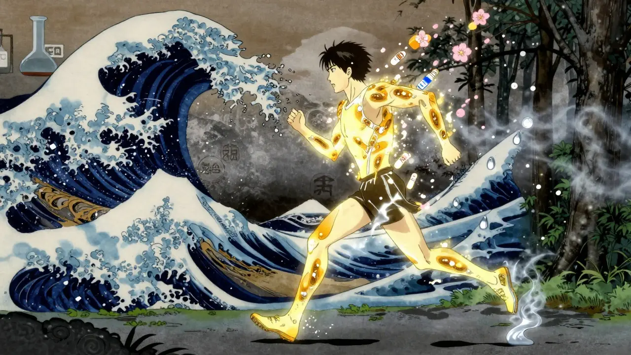 A runner splits into fed and fasted states, with cherry blossoms and snowflakes symbolizing energy sources, beside a lab flask shaped like a traditional wave.