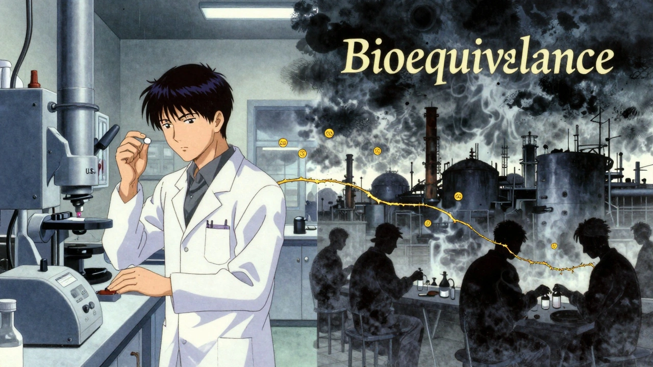 A split scene shows a U.S. lab and an Indian factory connected by a fraying bioequivalence thread, ink-wash style.