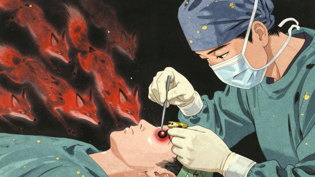 A surgeon placing a clip on an aneurysm as shadowy spirits flee, rendered in traditional Japanese ink style.