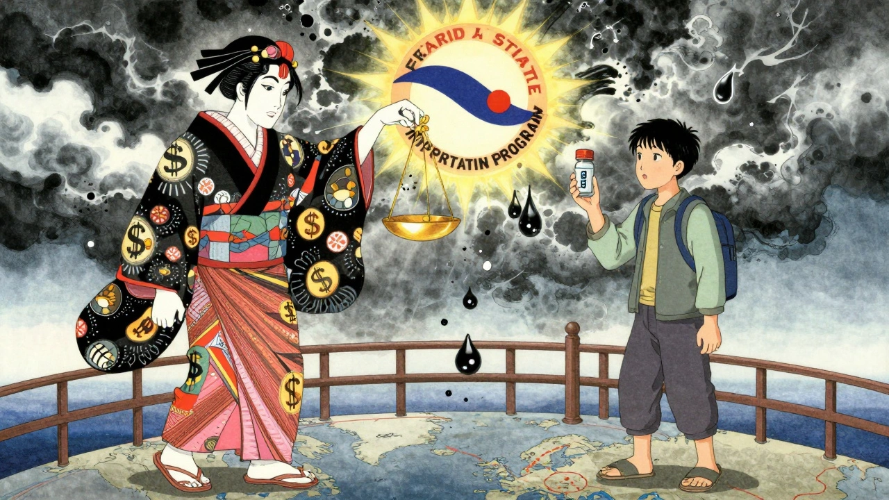 A symbolic battle between Big Pharma and a patient on a bridge of international mail, sun breaking through storm clouds.