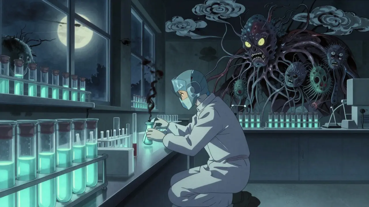 A technician kneels before glowing vials in a dark lab, bioluminescent broth and spectral bacteria forms looming in the shadows.