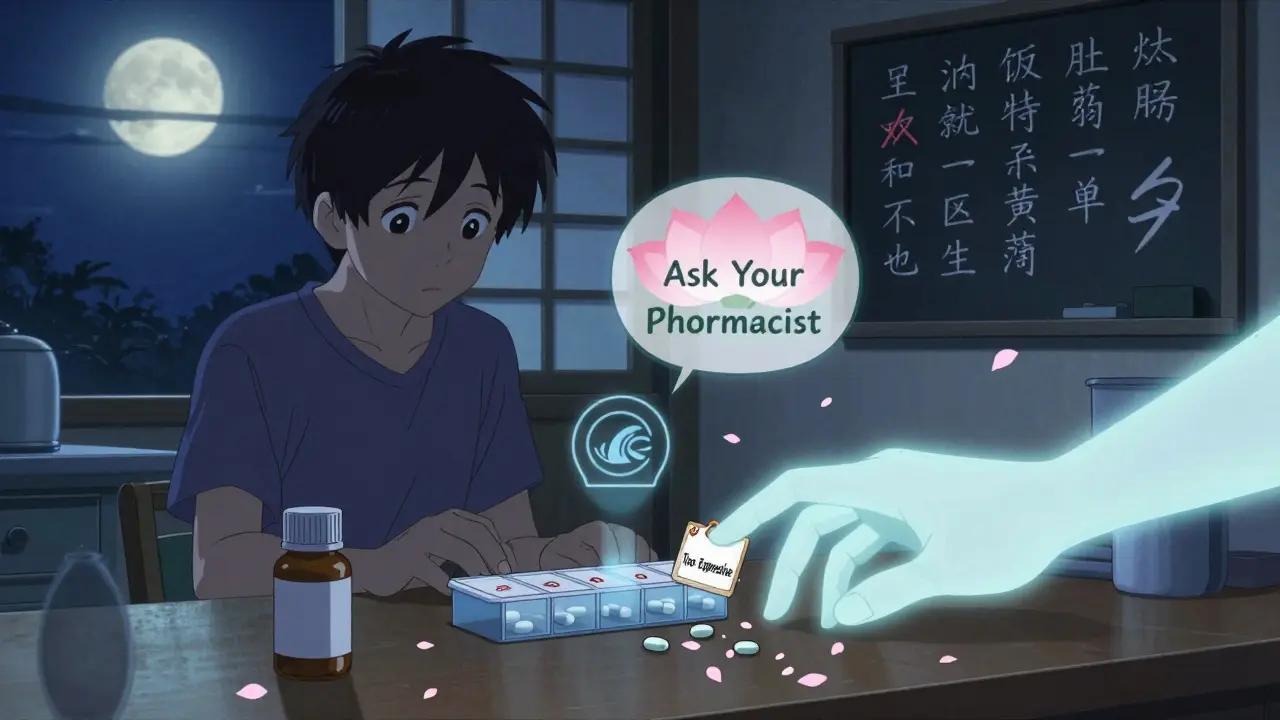 A teenager places a pill organizer in a moonlit kitchen as a ghostly hand reaches toward a 'Too Expensive' price tag, with a CDC lotus symbol floating above.