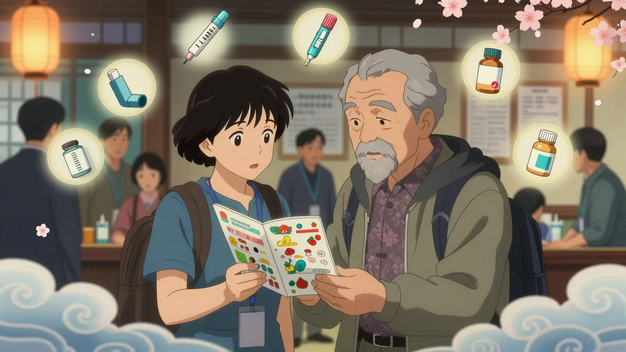 A volunteer helps an elderly Hmong patient understand medication use with illustrated pictograms in a warm, culturally rich community center.