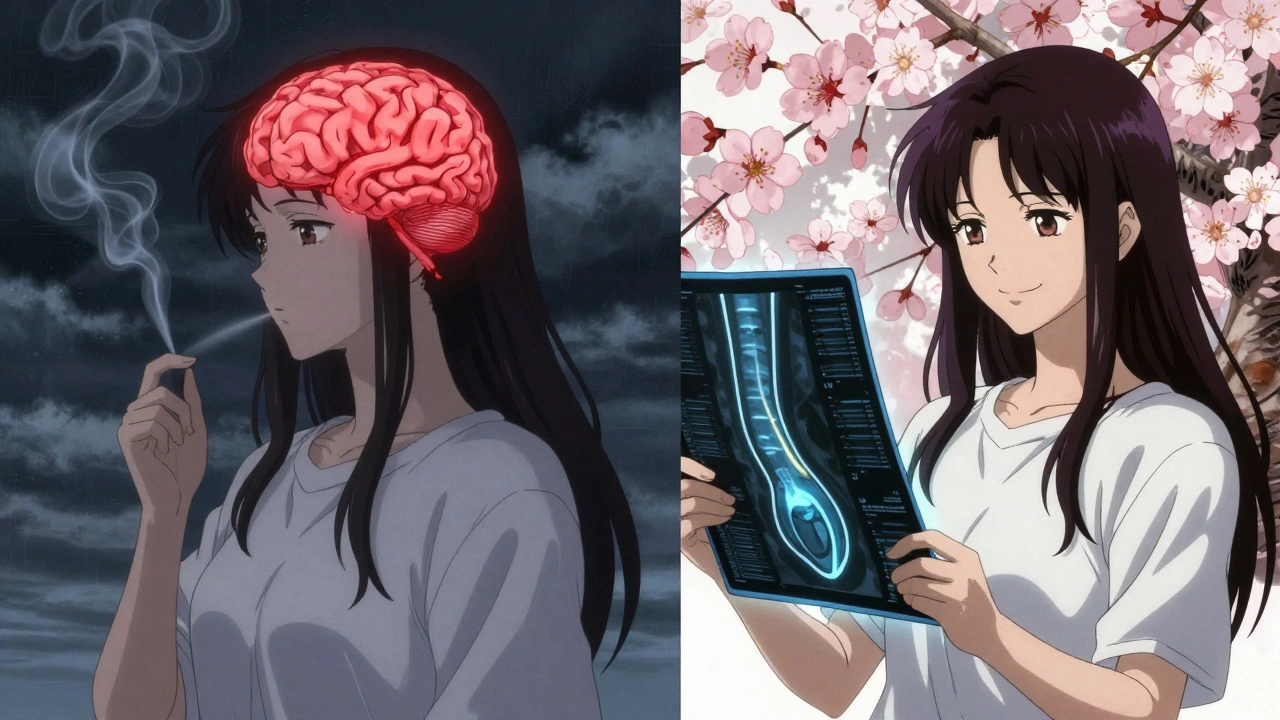 A woman contrasting smoking with a healthy brain scan, cherry blossoms shifting from wilted to blooming.