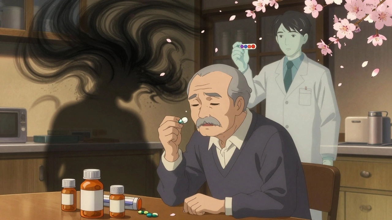 An elderly person sits with pill bottles, their shadow turning into anxiety, as a translucent pharmacist holds a different pill.