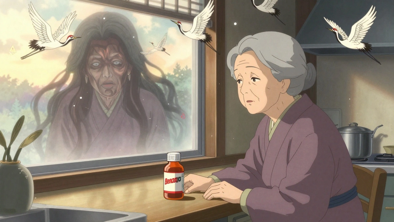 An elderly woman sees a monstrous reflection in the window while floating drug-named cranes drift above.