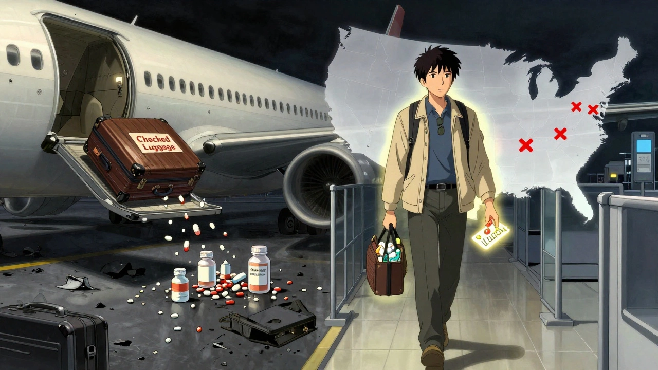 Contrasting scene: ruined meds in checked bag vs. safe carry-on meds with international travel warnings.