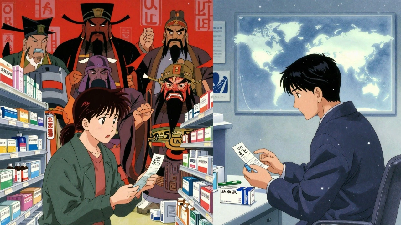 Contrasting scenes of high U.S. drug prices versus low international costs, illustrated in ukiyo-e anime style with symbolic logos and seasonal elements.